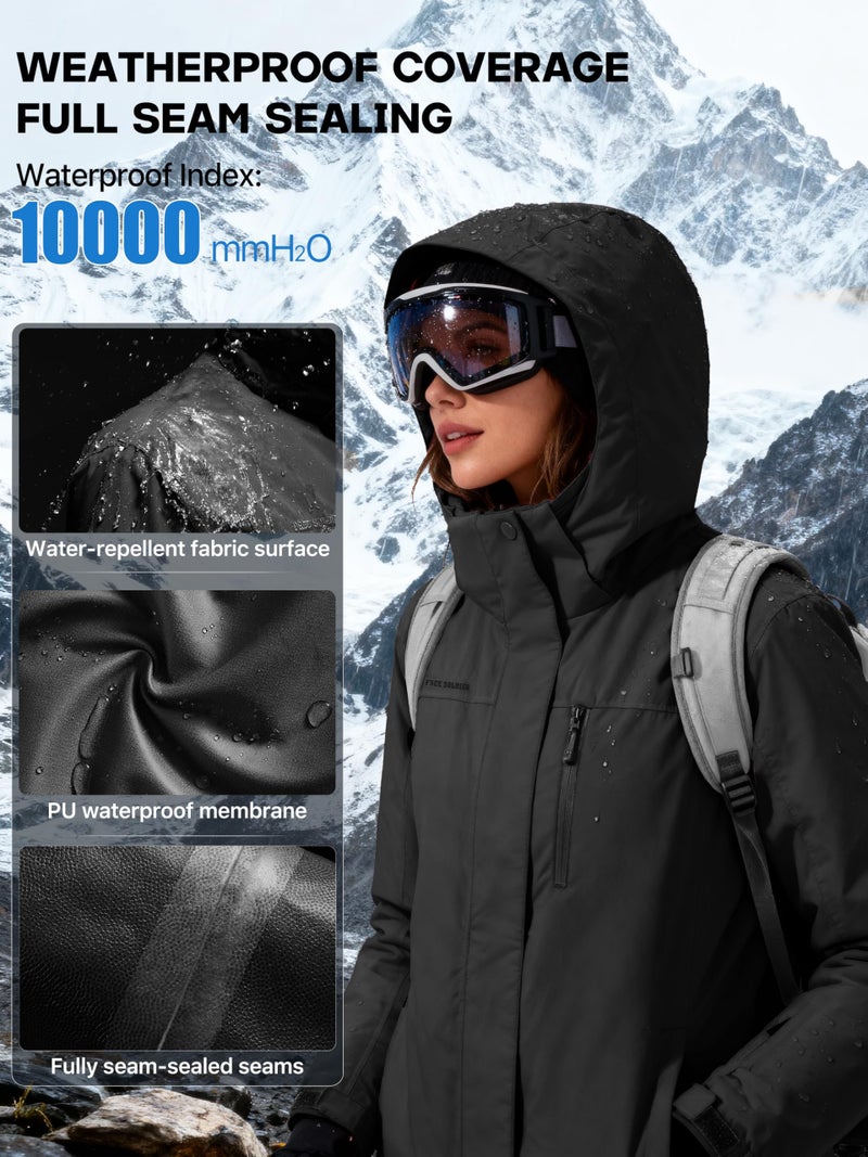 FREE SOLDIER Women's Waterproof Ski Snow Jacket Fleece Lined Warm Winter Rain Jacket with Hood Fully Taped Seams(Black,XL) - Image 4